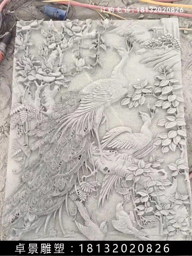 石雕百鳥朝鳳浮雕，漢白玉石浮雕