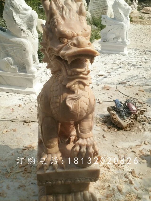 踩球麒麟雕塑，晚霞紅麒麟石雕 (1)