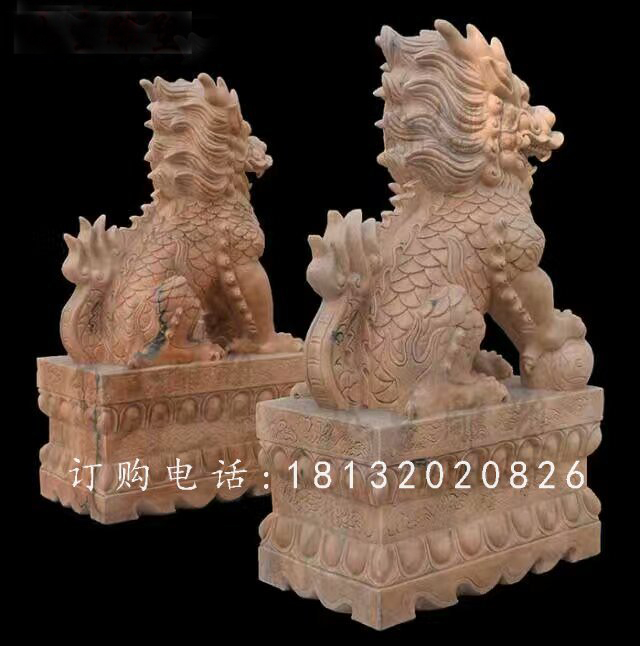踩球麒麟石雕,晚霞紅麒麟雕塑 (3)