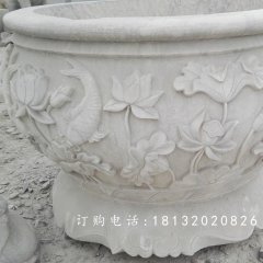 荷花與鳥花盆雕塑，水缸石雕
