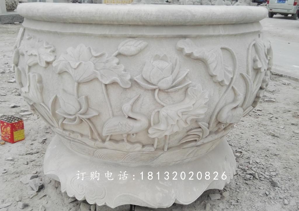 荷花與鳥(niǎo)花盆雕塑，水缸石雕 (2)
