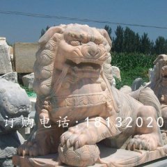 獅子滾繡球石雕，晚霞紅獅子雕塑