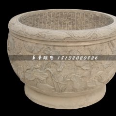 水缸石雕，荷花浮雕水缸
