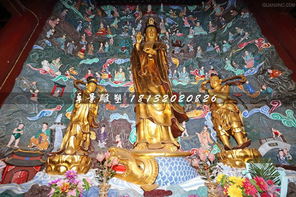 鎏金銅佛像，觀音與善財(cái)龍女銅雕