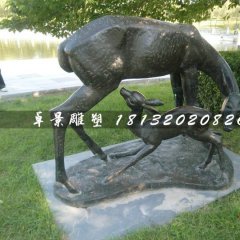 母子鹿銅雕，公園動物銅雕