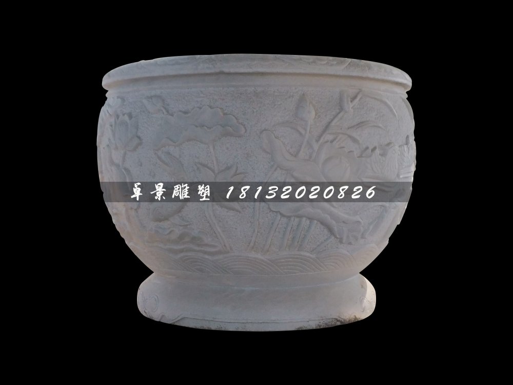 荷花浮雕水缸,圓形水缸雕塑