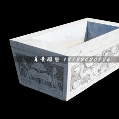 雙龍戲珠石浮雕水缸，方形水缸石雕