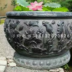 石水缸，荷花魚浮雕水缸
