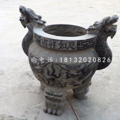三足香爐石雕，青石圓形香爐