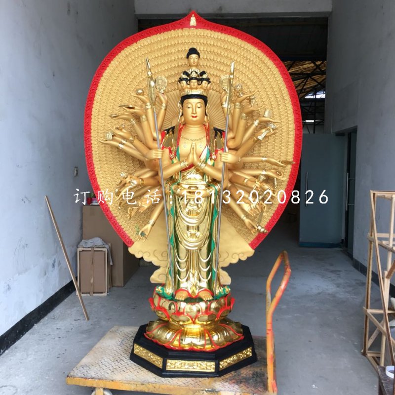 貼金千手觀音，玻璃鋼立式佛像