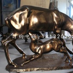 母子鹿雕塑，玻璃鋼仿銅動(dòng)物雕塑