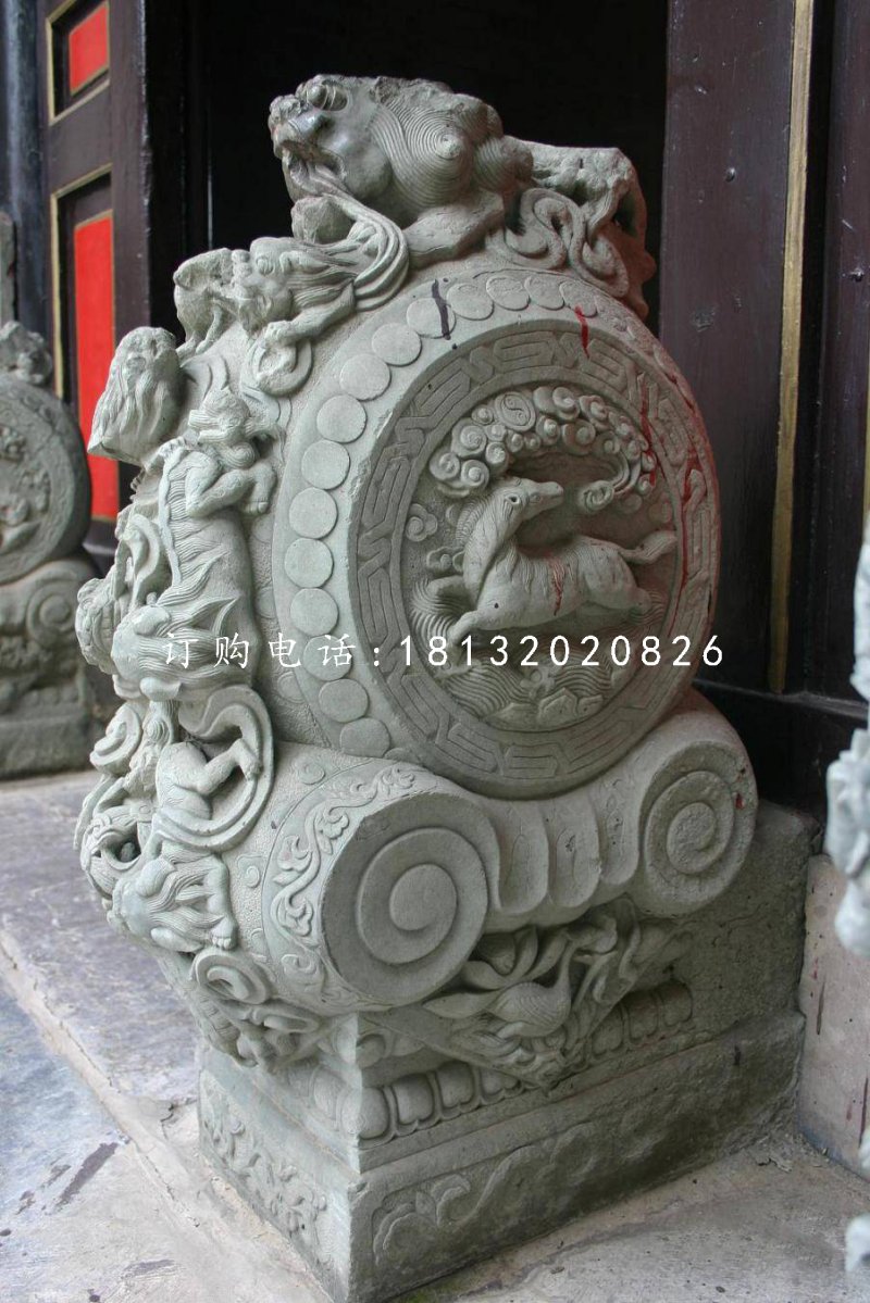 青石抱鼓石雕塑，仿古門墩