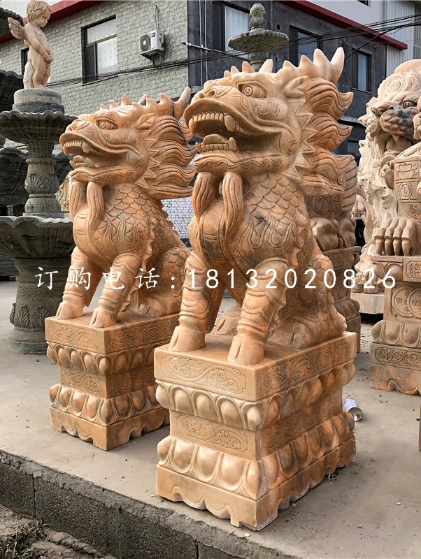 晚霞紅門口麒麟,古代神獸石雕