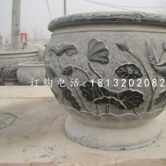 荷花鯉魚石浮雕水缸，青石仿古水缸