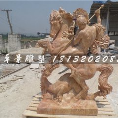 西方人物騎馬石雕，晚霞紅景觀石雕