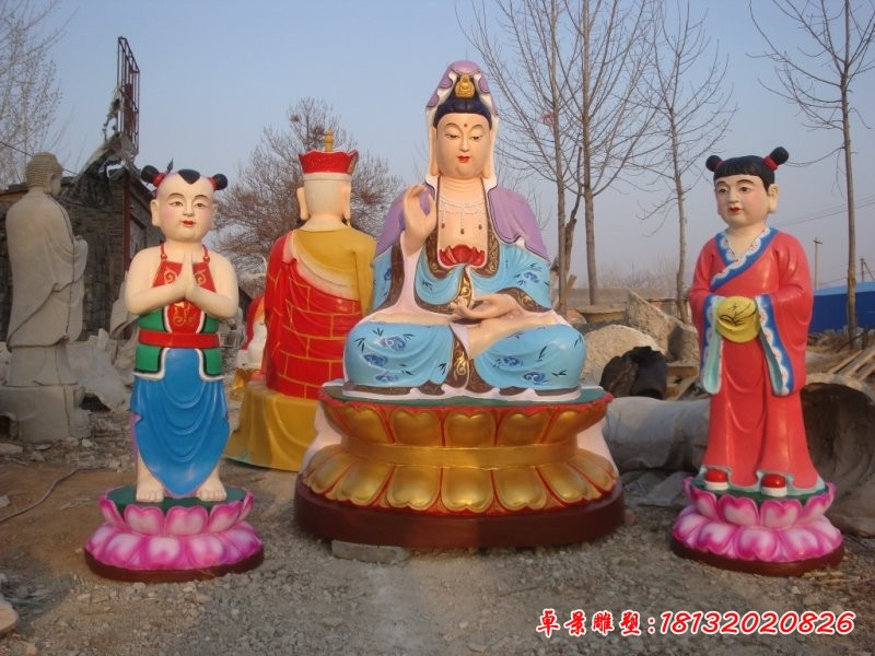 觀音菩薩與善財(cái)童子雕塑，玻璃鋼佛像雕塑