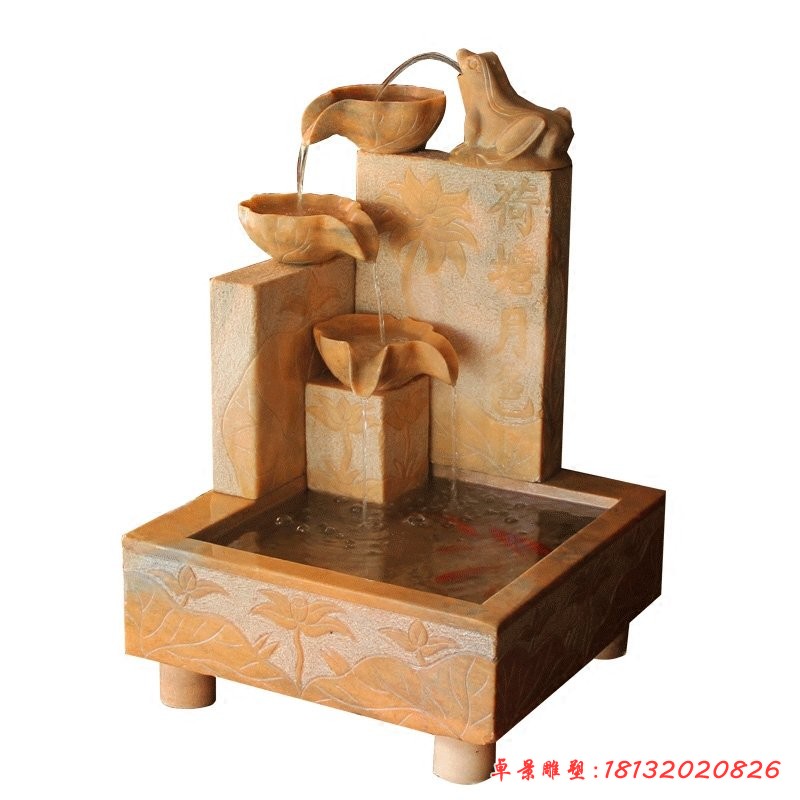 晚霞紅荷塘月色流水?dāng)[件，庭院流水石缽